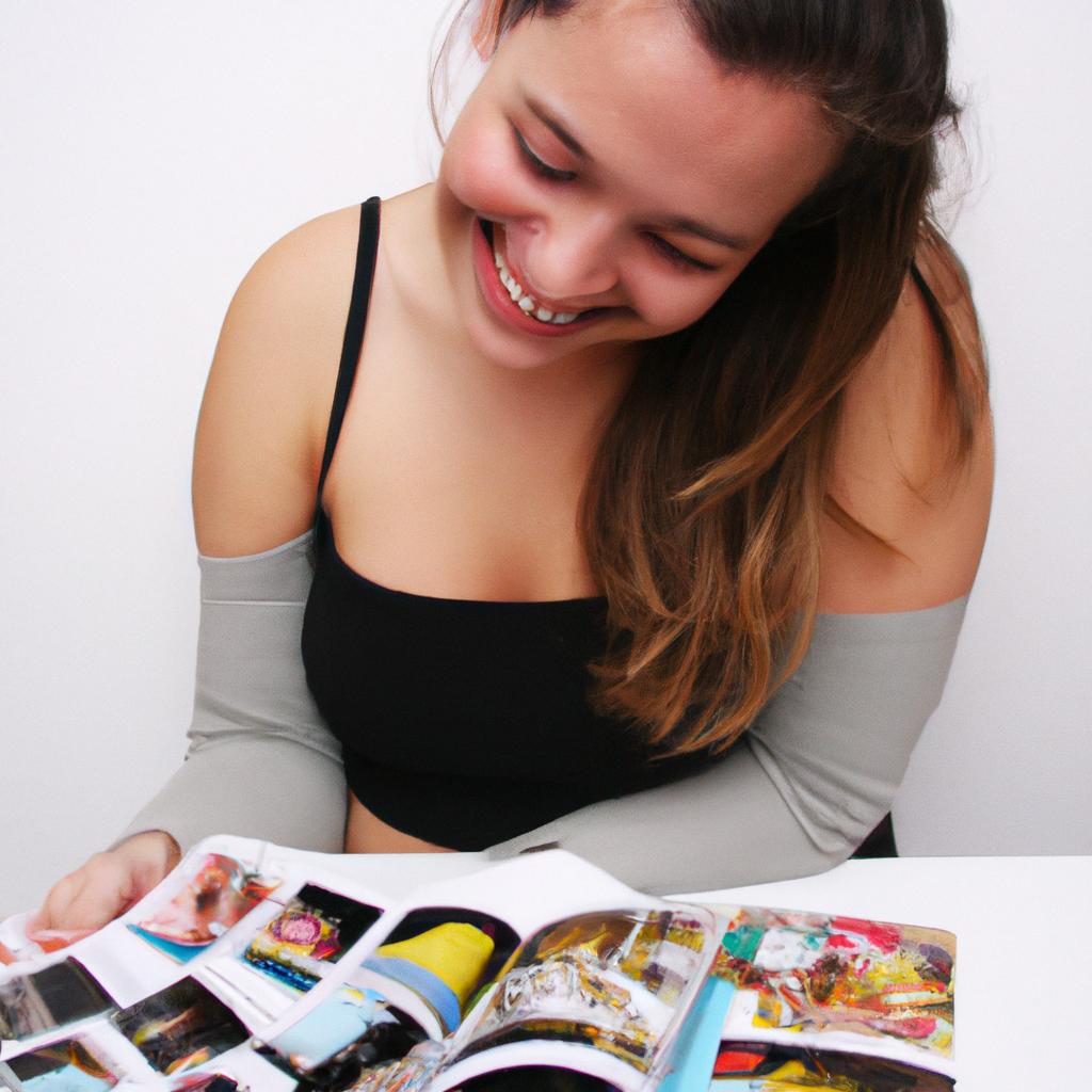 Person reading shopping magazines, smiling