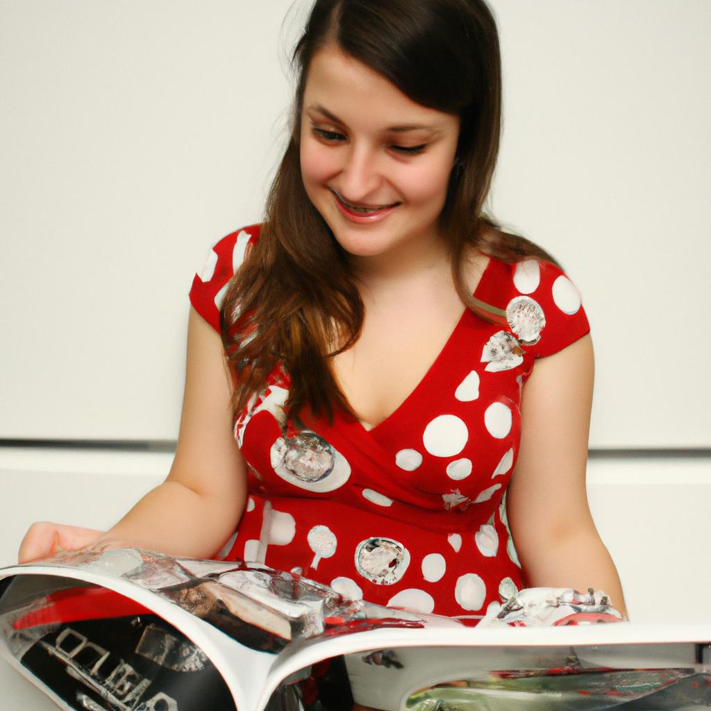 Person reading shopping magazines, smiling